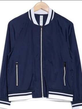 Nanette Lepore Navy White Rib Trim Woven Bomber Jacket S NWT UPF 50+